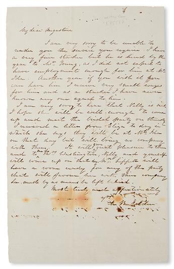 (SLAVERY AND ABOLITION--MOUNT VERNON.) FORD, WEST. A letter from Mrs. M. B. Selden to John A. Washington, carried by West Ford, and sig